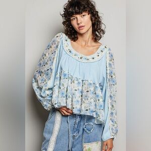 POL Light Blue Floral Peasant Blouse